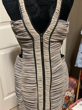 bebe Ruched Taupe Dress with Black Trim